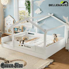 Bellemave® Twin Size Montessori Floor Bed for Kids, Solid Wood House Floor Bed with Roof, Built - in Shelfe, and Free - Installed Signboard, White - Bellemave