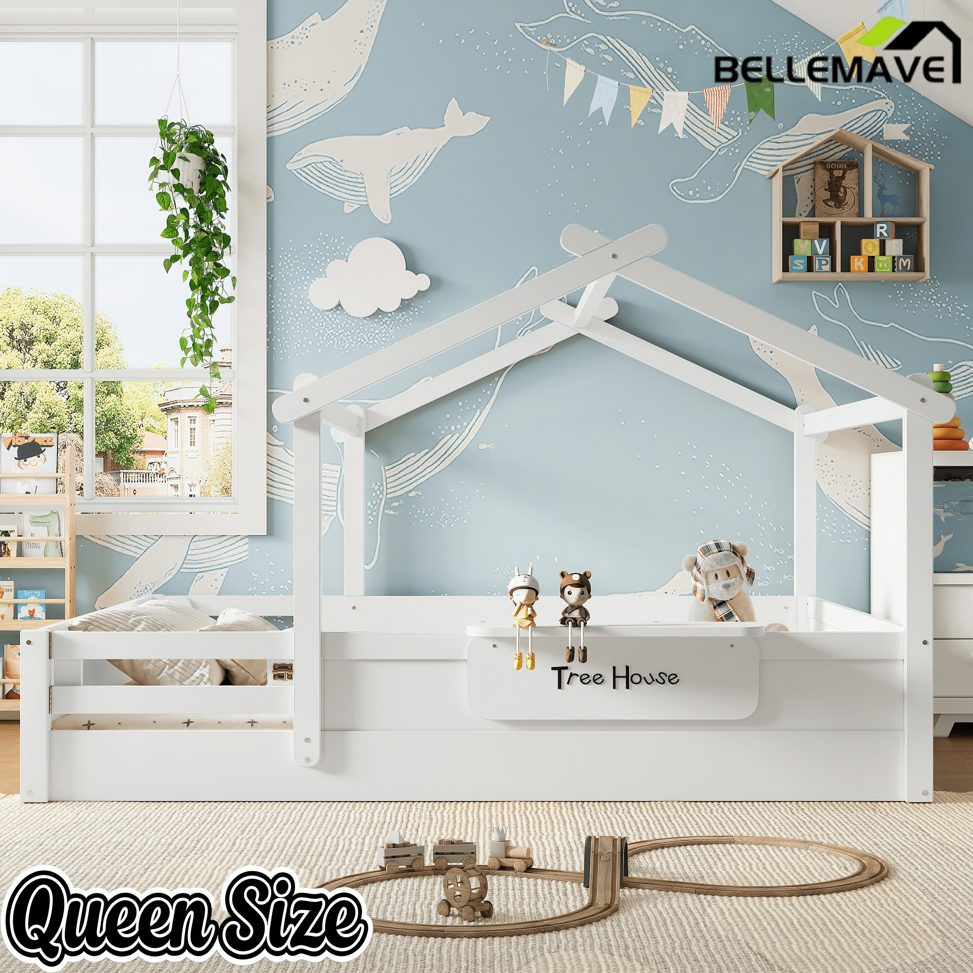 Bellemave® Twin Size Montessori Floor Bed for Kids, Solid Wood House Floor Bed with Roof, Built - in Shelfe, and Free - Installed Signboard, White - Bellemave