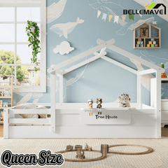 Bellemave® Twin Size Montessori Floor Bed for Kids, Solid Wood House Floor Bed with Roof, Built - in Shelfe, and Free - Installed Signboard, White - Bellemave