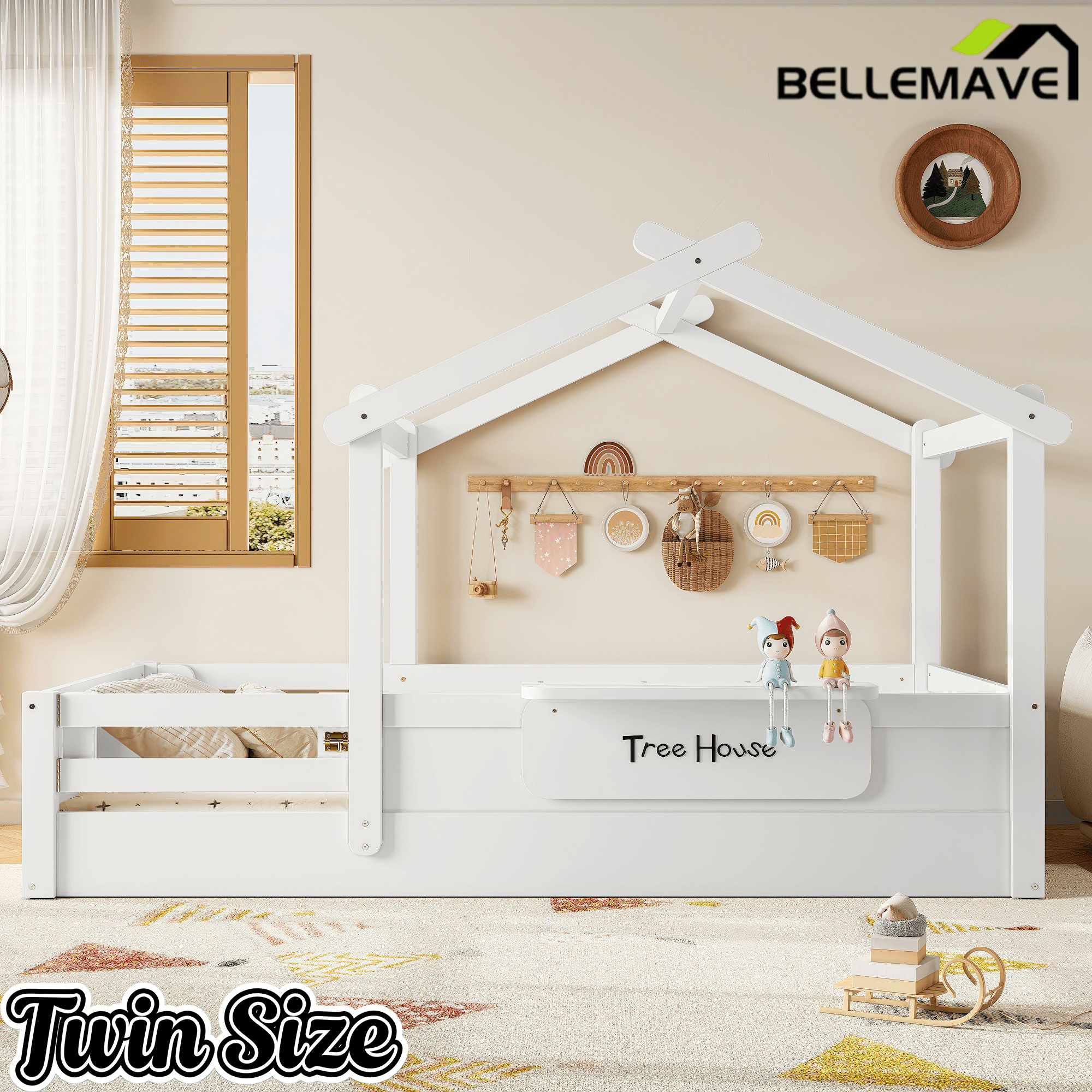 Bellemave® Twin Size Montessori Floor Bed for Kids, Solid Wood House Floor Bed with Roof, Built - in Shelfe, and Free - Installed Signboard, White - Bellemave