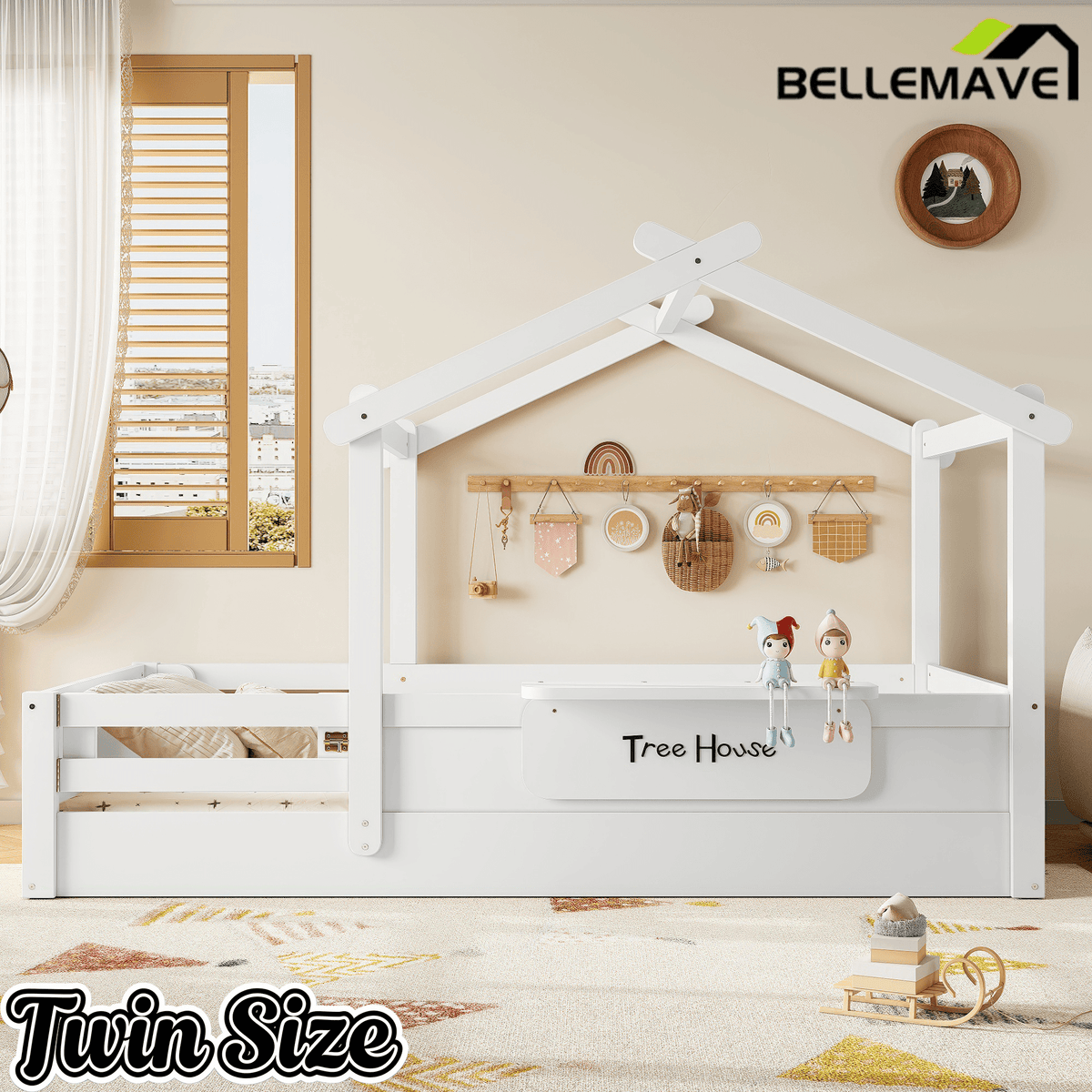 Bellemave® Twin Size Montessori Floor Bed for Kids, Solid Wood House Floor Bed with Roof, Built - in Shelfe, and Free - Installed Signboard, White - Bellemave