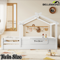 Bellemave® Twin Size Montessori Floor Bed for Kids, Solid Wood House Floor Bed with Roof, Built - in Shelfe, and Free - Installed Signboard, White - Bellemave