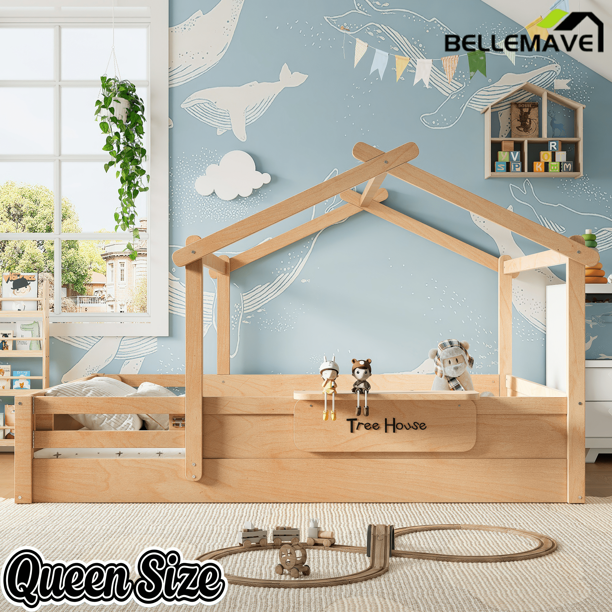 Bellemave® Twin Size Montessori Floor Bed for Kids, Solid Wood House Floor Bed with Roof, Built - in Shelfe, and Free - Installed Signboard, White - Bellemave
