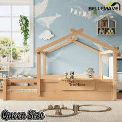 Bellemave® Twin Size Montessori Floor Bed for Kids, Solid Wood House Floor Bed with Roof, Built - in Shelfe, and Free - Installed Signboard, White - Bellemave