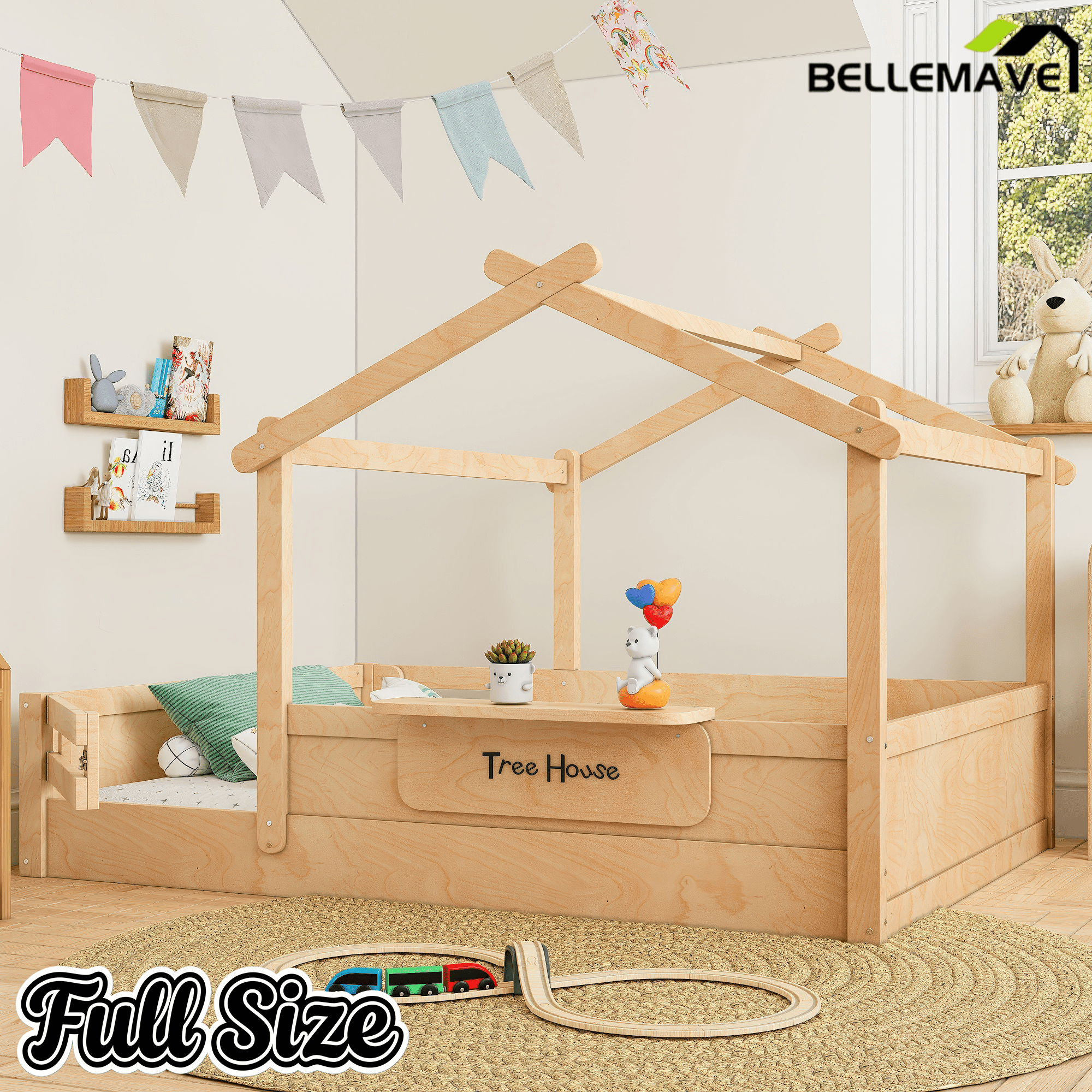 Bellemave® Twin Size Montessori Floor Bed for Kids, Solid Wood House Floor Bed with Roof, Built - in Shelfe, and Free - Installed Signboard, White - Bellemave