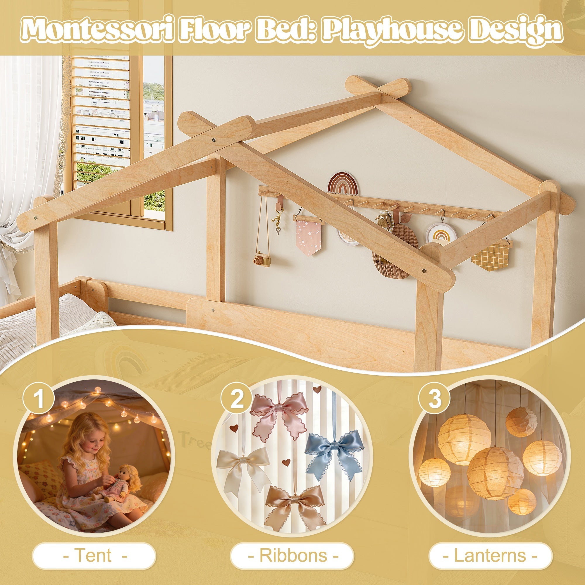 Bellemave® Twin Size Montessori Floor Bed for Kids, Solid Wood House Floor Bed with Roof, Built - in Shelfe, and Free - Installed Signboard, White - Bellemave