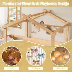 Bellemave® Twin Size Montessori Floor Bed for Kids, Solid Wood House Floor Bed with Roof, Built - in Shelfe, and Free - Installed Signboard, White - Bellemave