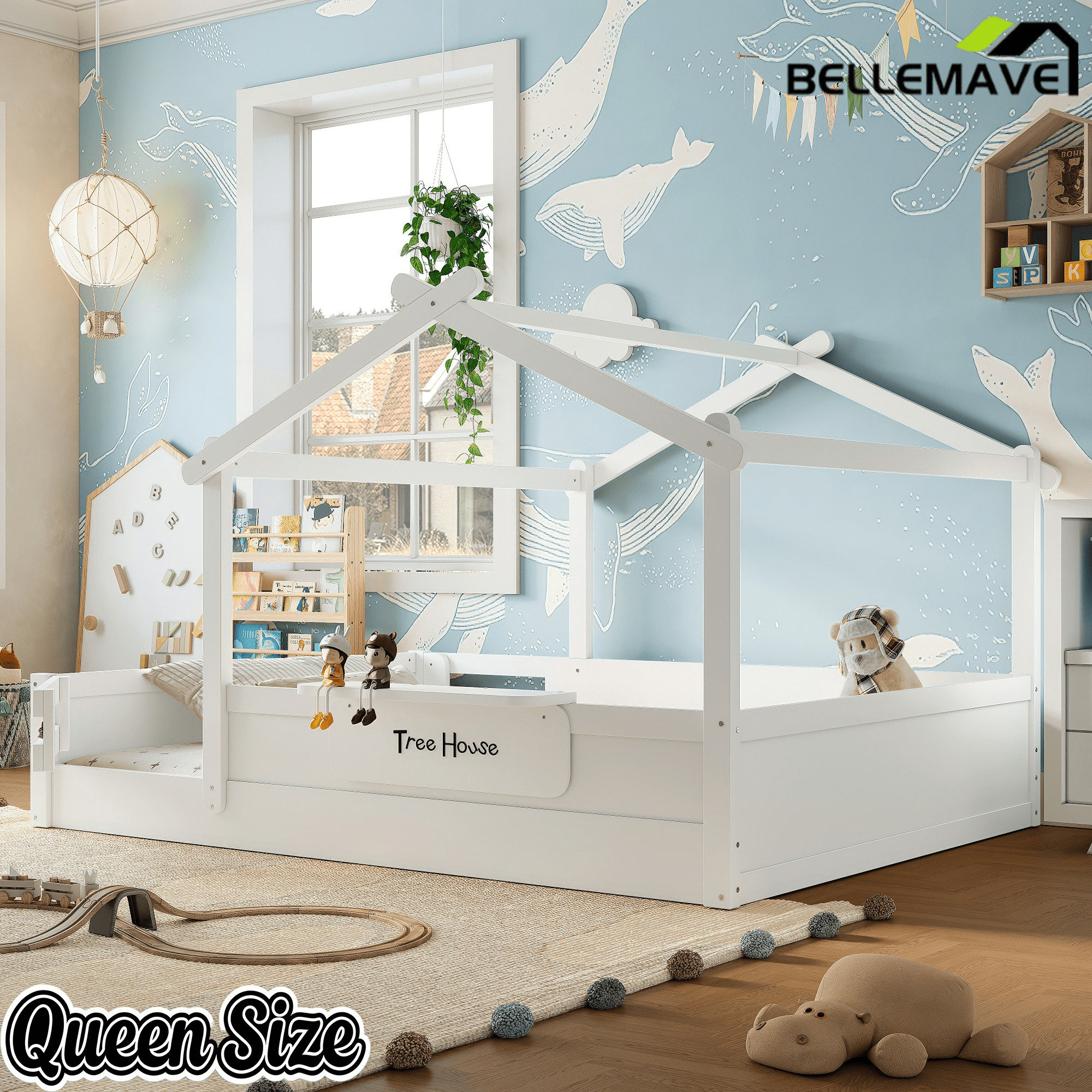 Bellemave® Twin Size Montessori Floor Bed for Kids, Solid Wood House Floor Bed with Roof, Built - in Shelfe, and Free - Installed Signboard, White - Bellemave