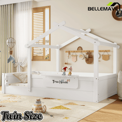 Bellemave® Twin Size Montessori Floor Bed for Kids, Solid Wood House Floor Bed with Roof, Built - in Shelfe, and Free - Installed Signboard, White - Bellemave