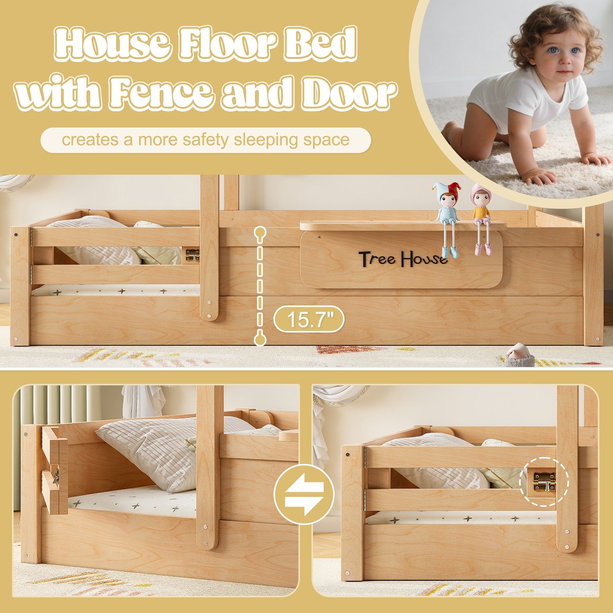 Bellemave® Twin Size Montessori Floor Bed for Kids, Solid Wood House Floor Bed with Roof, Built - in Shelfe, and Free - Installed Signboard, White - Bellemave