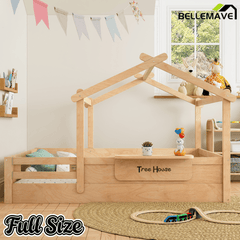 Bellemave® Twin Size Montessori Floor Bed for Kids, Solid Wood House Floor Bed with Roof, Built - in Shelfe, and Free - Installed Signboard, White - Bellemave
