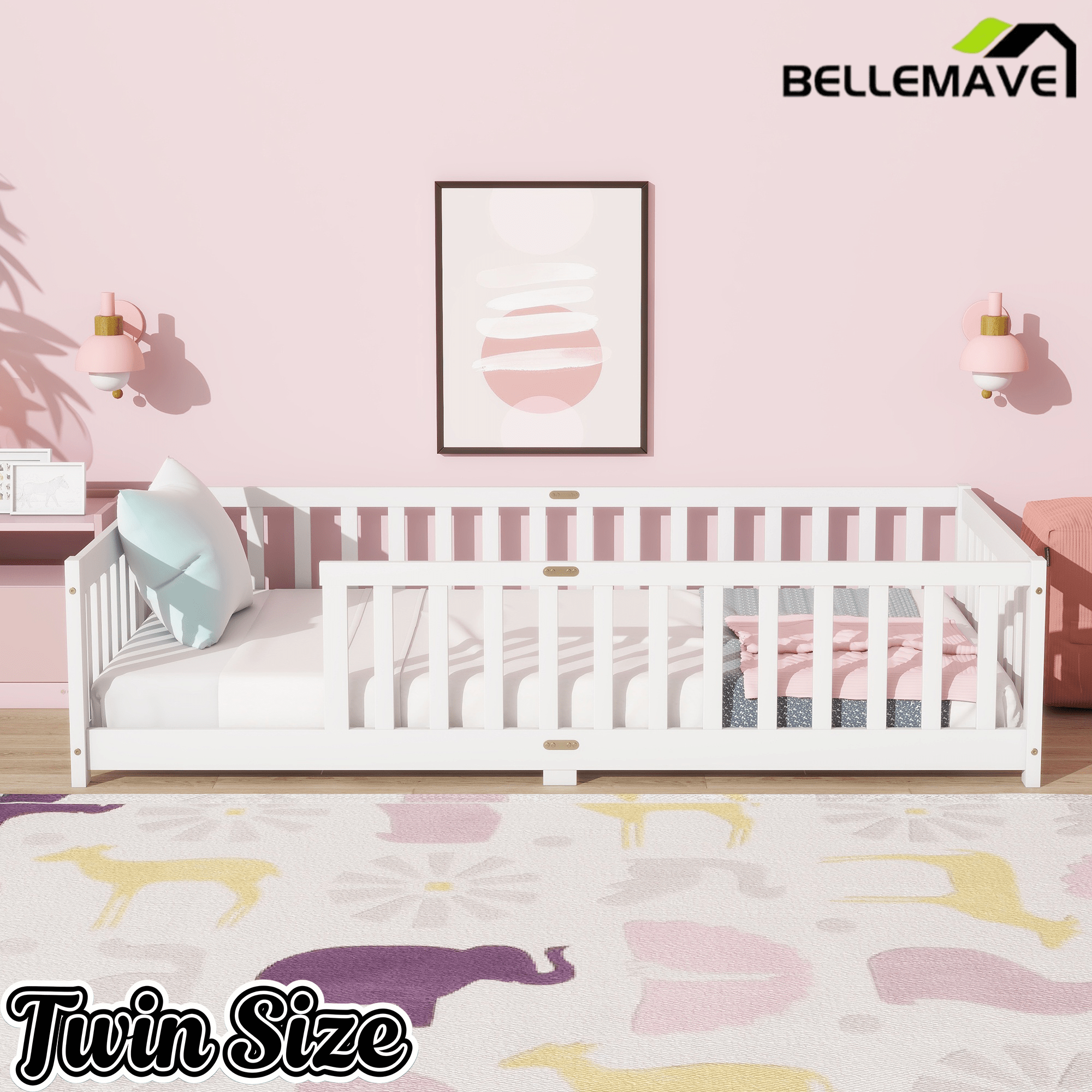 Bellemave® Twin Size Montessori Floor Bed for Kids,Twin Floor Bed Frame with Slats,Solid Wood Twin Bed Frame for Girls Boys,Grey - Bellemave