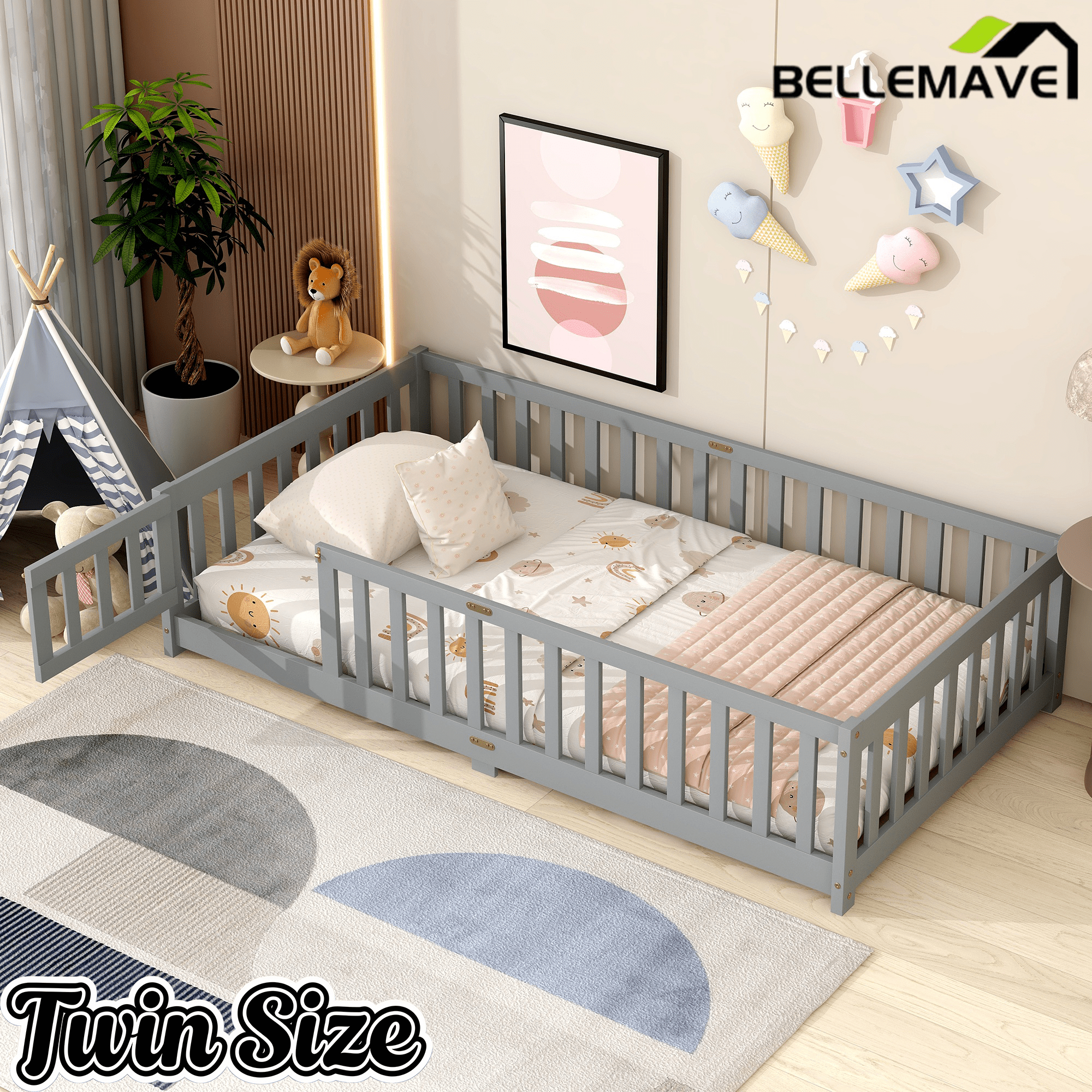 Bellemave® Twin Size Montessori Floor Bed for Kids,Twin Floor Bed Frame with Slats,Solid Wood Twin Bed Frame for Girls Boys,Grey - Bellemave