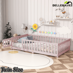 Bellemave® Twin Size Montessori Floor Bed for Kids,Twin Floor Bed Frame with Slats,Solid Wood Twin Bed Frame for Girls Boys,Grey - Bellemave