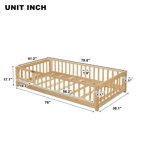 Bellemave® Twin Size Montessori Floor Bed with Fence and Door - Bellemave