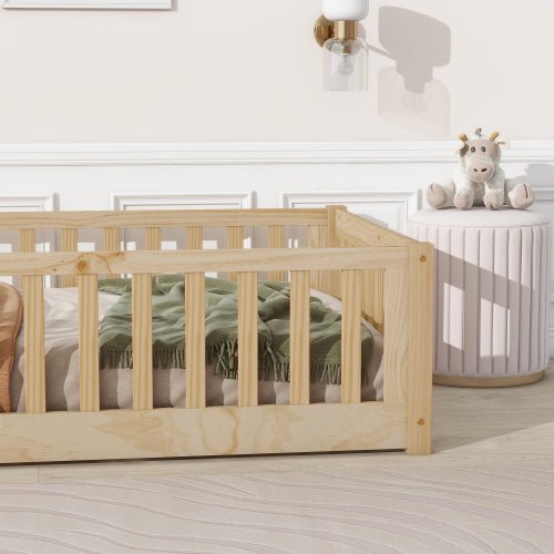 Bellemave® Twin Size Montessori Floor Bed with Fence and Door - Bellemave