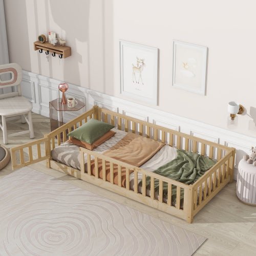 Bellemave® Twin Size Montessori Floor Bed with Fence and Door - Bellemave