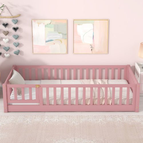 Bellemave® Twin Size Montessori Floor Bed with Fence and Door - Bellemave