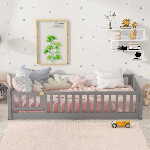 Bellemave® Twin Size Montessori Floor Bed with Fence and Door - Bellemave