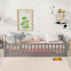 Bellemave® Twin Size Montessori Floor Bed with Fence and Door - Bellemave