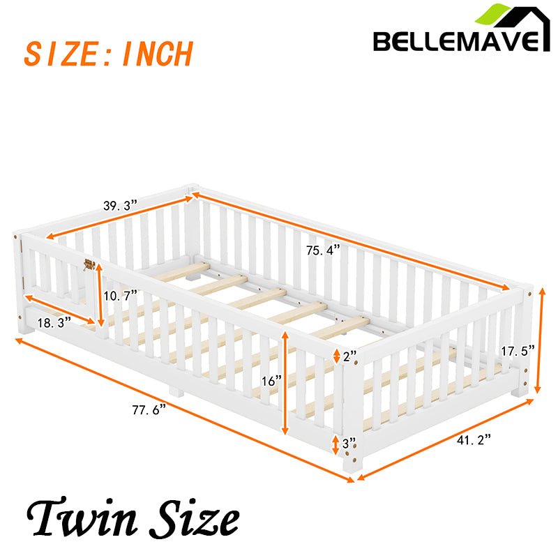 Bellemave® Twin Size Montessori Floor Bed with Safety Guardrails and Door - Bellemave
