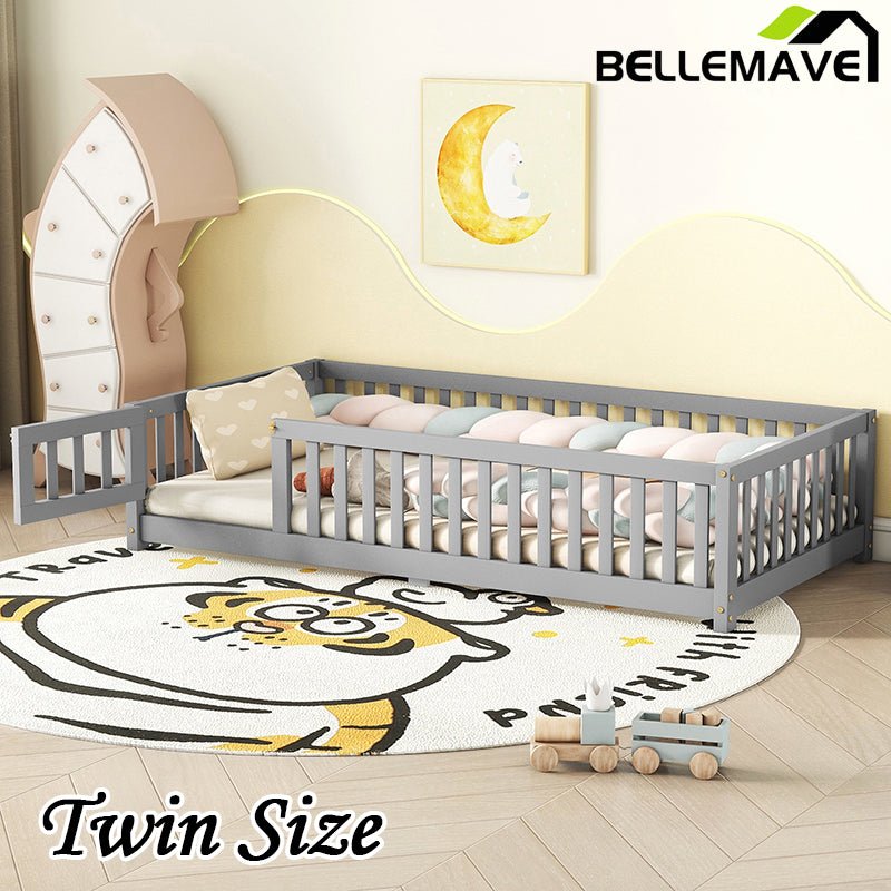 Bellemave® Twin Size Montessori Floor Bed with Safety Guardrails and Door - Bellemave