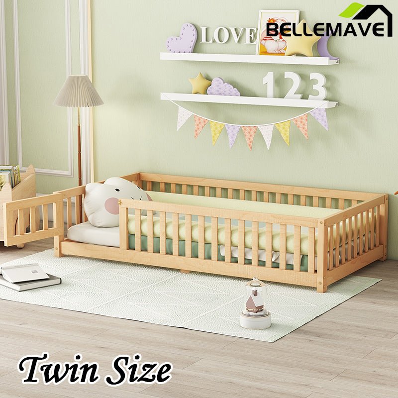 Bellemave® Twin Size Montessori Floor Bed with Safety Guardrails and Door - Bellemave