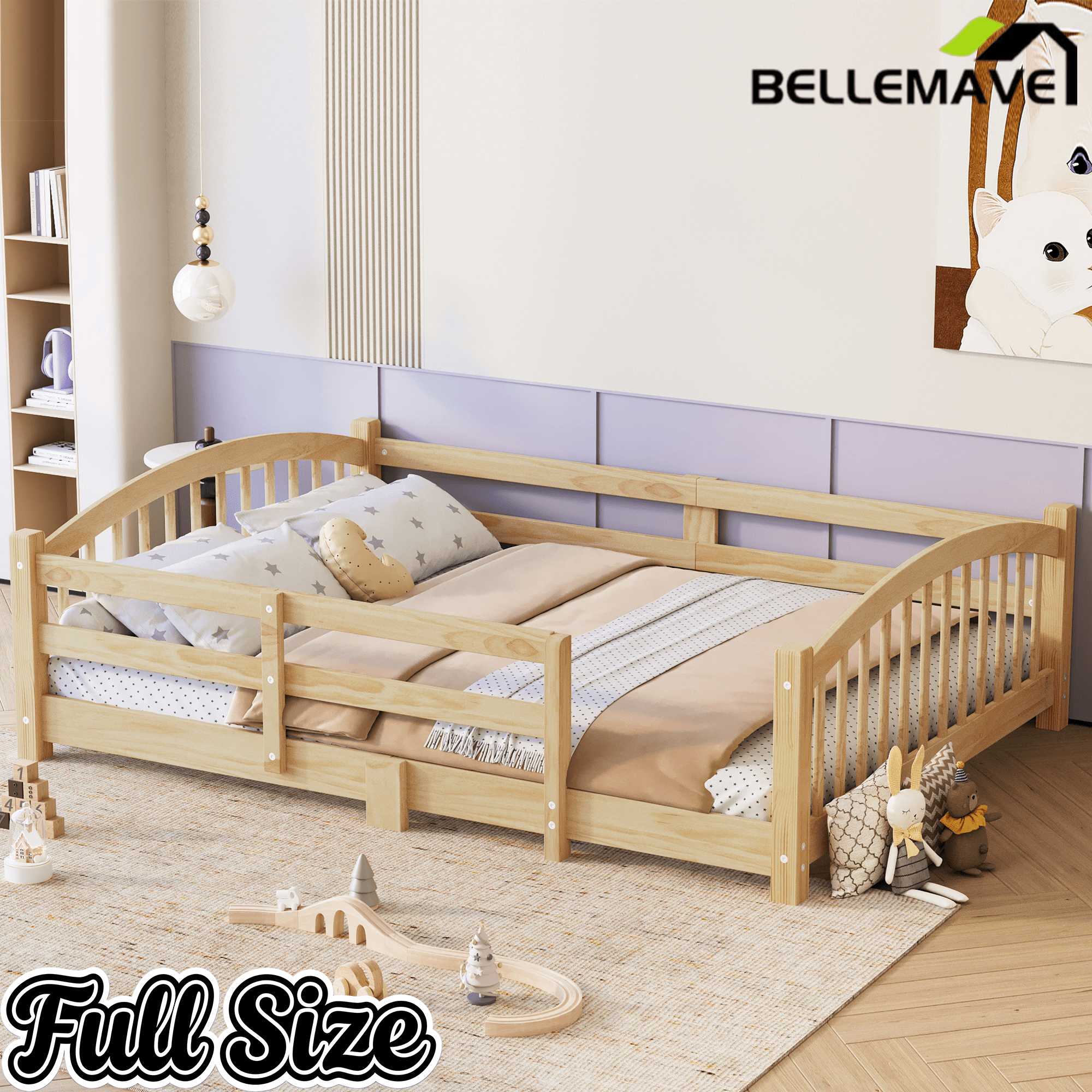 Bellemave® Twin Size Montessori Floor Bed with Slats, Rails,Fence & Headboard, White - Bellemave