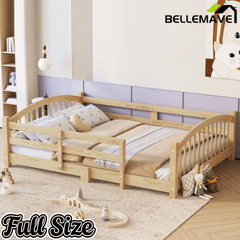 Bellemave® Twin Size Montessori Floor Bed with Slats, Rails,Fence & Headboard, White - Bellemave