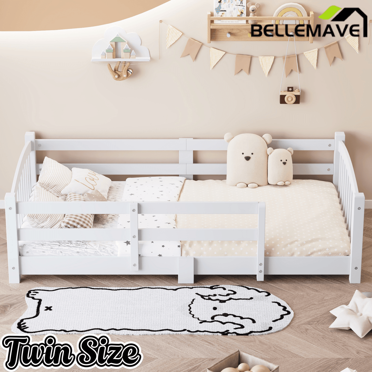 Bellemave® Twin Size Montessori Floor Bed with Slats, Rails,Fence & Headboard, White - Bellemave