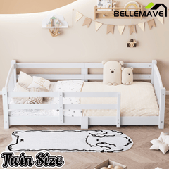 Bellemave® Twin Size Montessori Floor Bed with Slats, Rails,Fence & Headboard, White - Bellemave