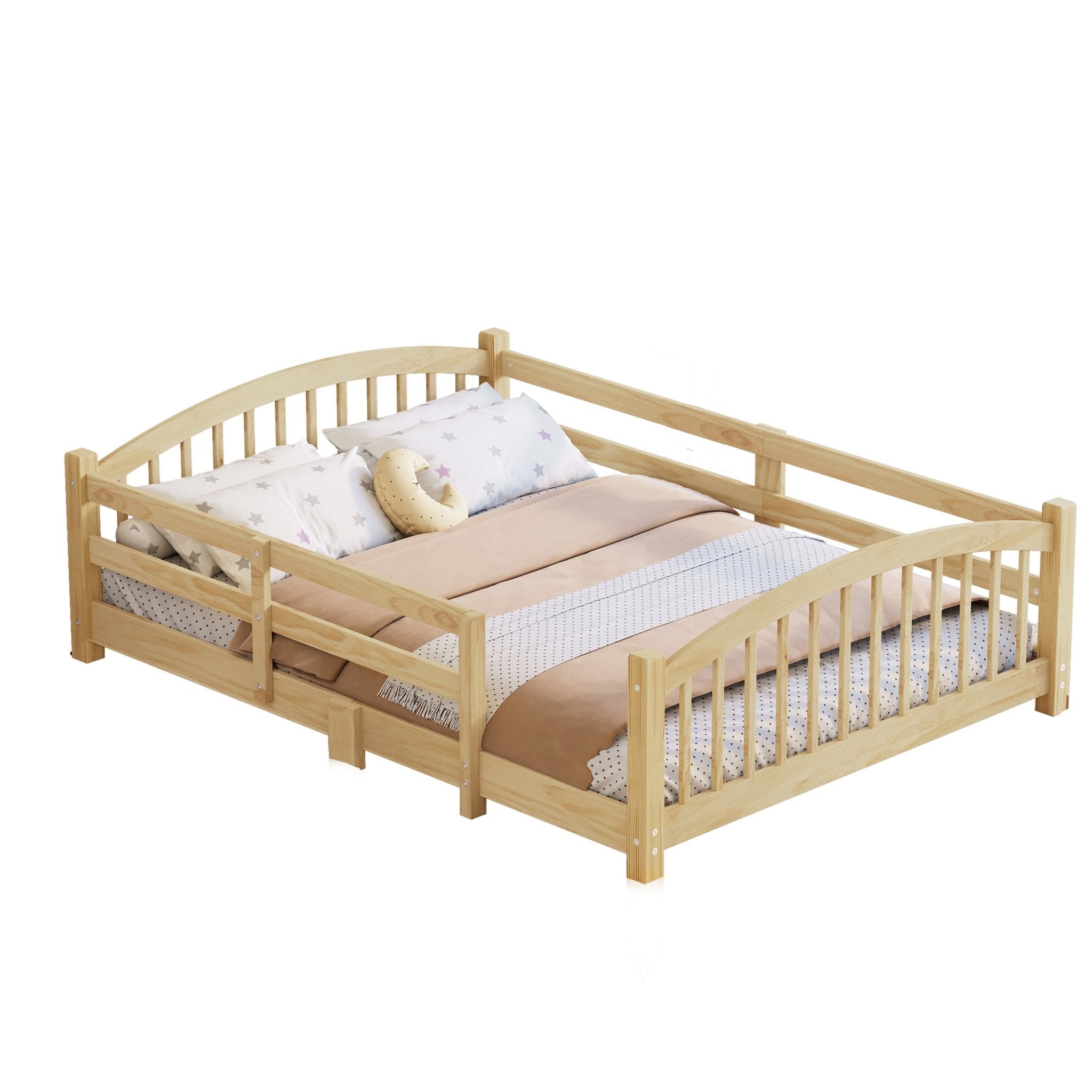Bellemave® Twin Size Montessori Floor Bed with Slats, Rails,Fence & Headboard, White - Bellemave