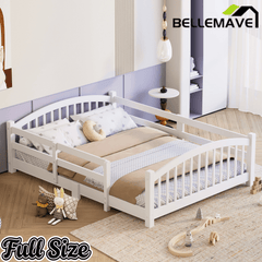 Bellemave® Twin Size Montessori Floor Bed with Slats, Rails,Fence & Headboard, White - Bellemave
