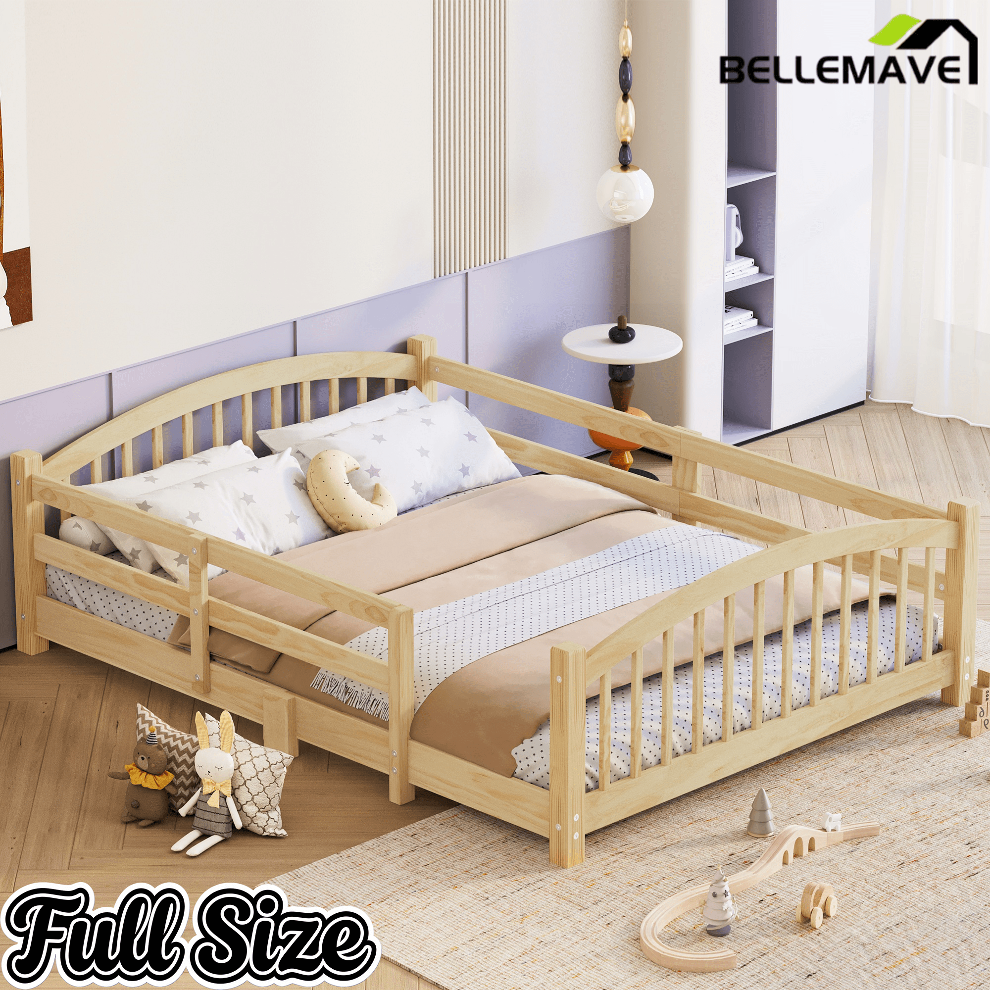 Bellemave® Twin Size Montessori Floor Bed with Slats, Rails,Fence & Headboard, White - Bellemave