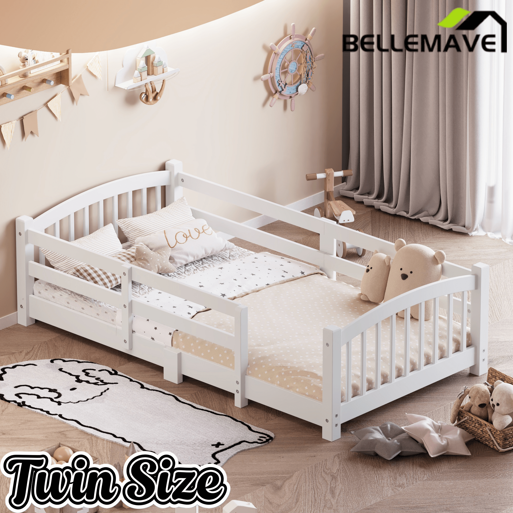 Bellemave® Twin Size Montessori Floor Bed with Slats, Rails,Fence & Headboard, White - Bellemave