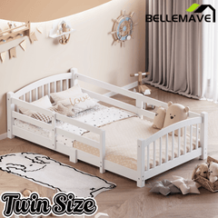 Bellemave® Twin Size Montessori Floor Bed with Slats, Rails,Fence & Headboard, White - Bellemave
