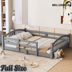 Bellemave® Twin Size Montessori Floor Bed with Slats, Rails,Fence & Headboard, White - Bellemave