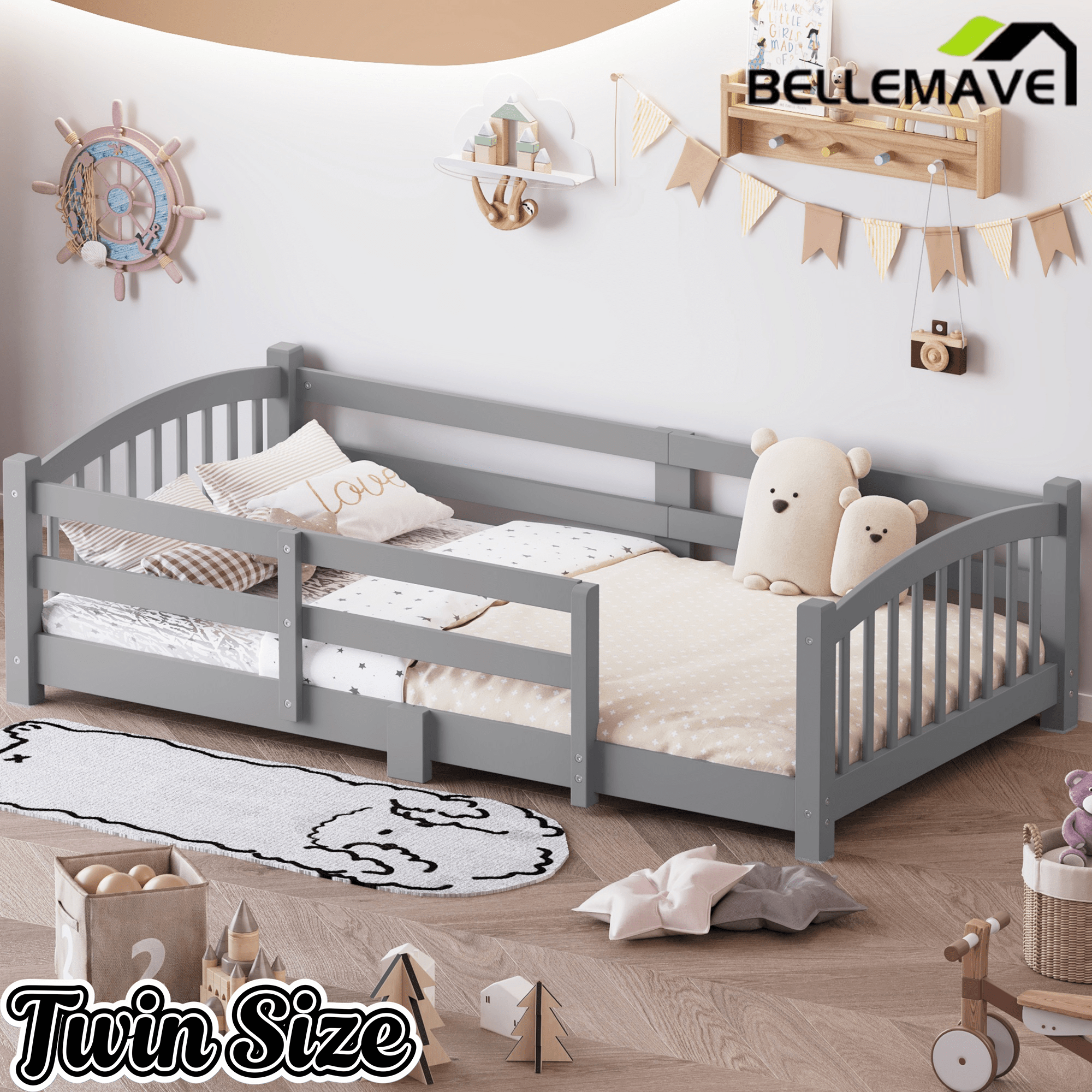 Bellemave® Twin Size Montessori Floor Bed with Slats, Rails,Fence & Headboard, White - Bellemave