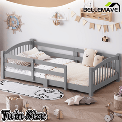 Bellemave® Twin Size Montessori Floor Bed with Slats, Rails,Fence & Headboard, White - Bellemave