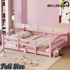 Bellemave® Twin Size Montessori Floor Bed with Slats, Rails,Fence & Headboard, White - Bellemave