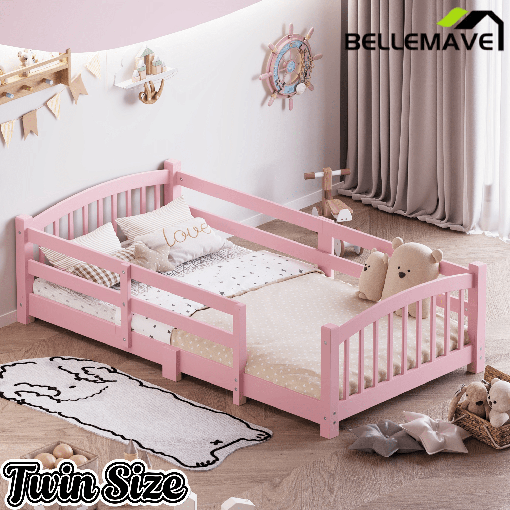 Bellemave® Twin Size Montessori Floor Bed with Slats, Rails,Fence & Headboard, White - Bellemave