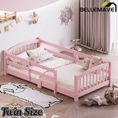 Bellemave® Twin Size Montessori Floor Bed with Slats, Rails,Fence & Headboard, White - Bellemave