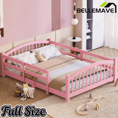 Bellemave® Twin Size Montessori Floor Bed with Slats, Rails,Fence & Headboard, White - Bellemave