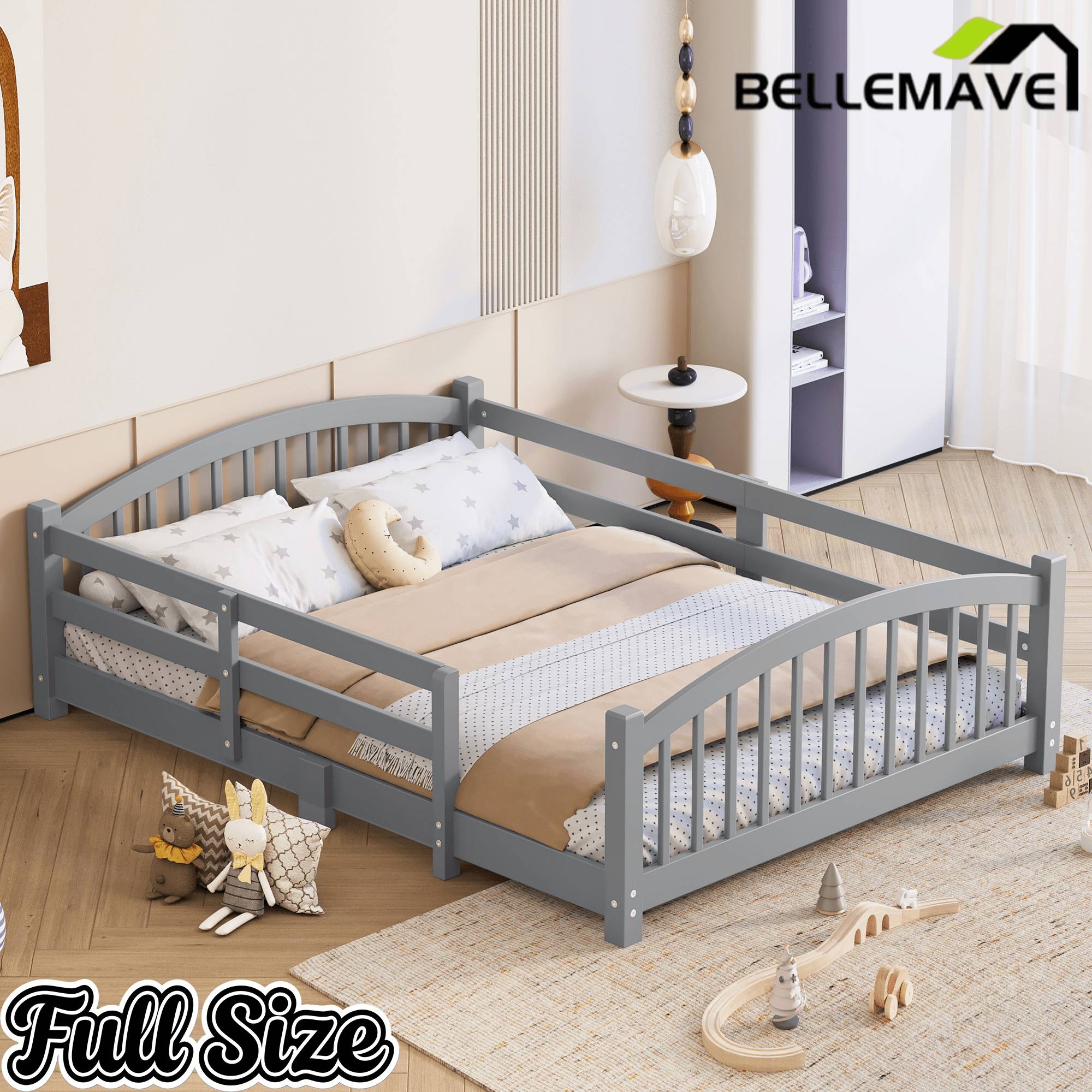 Bellemave® Twin Size Montessori Floor Bed with Slats, Rails,Fence & Headboard, White - Bellemave