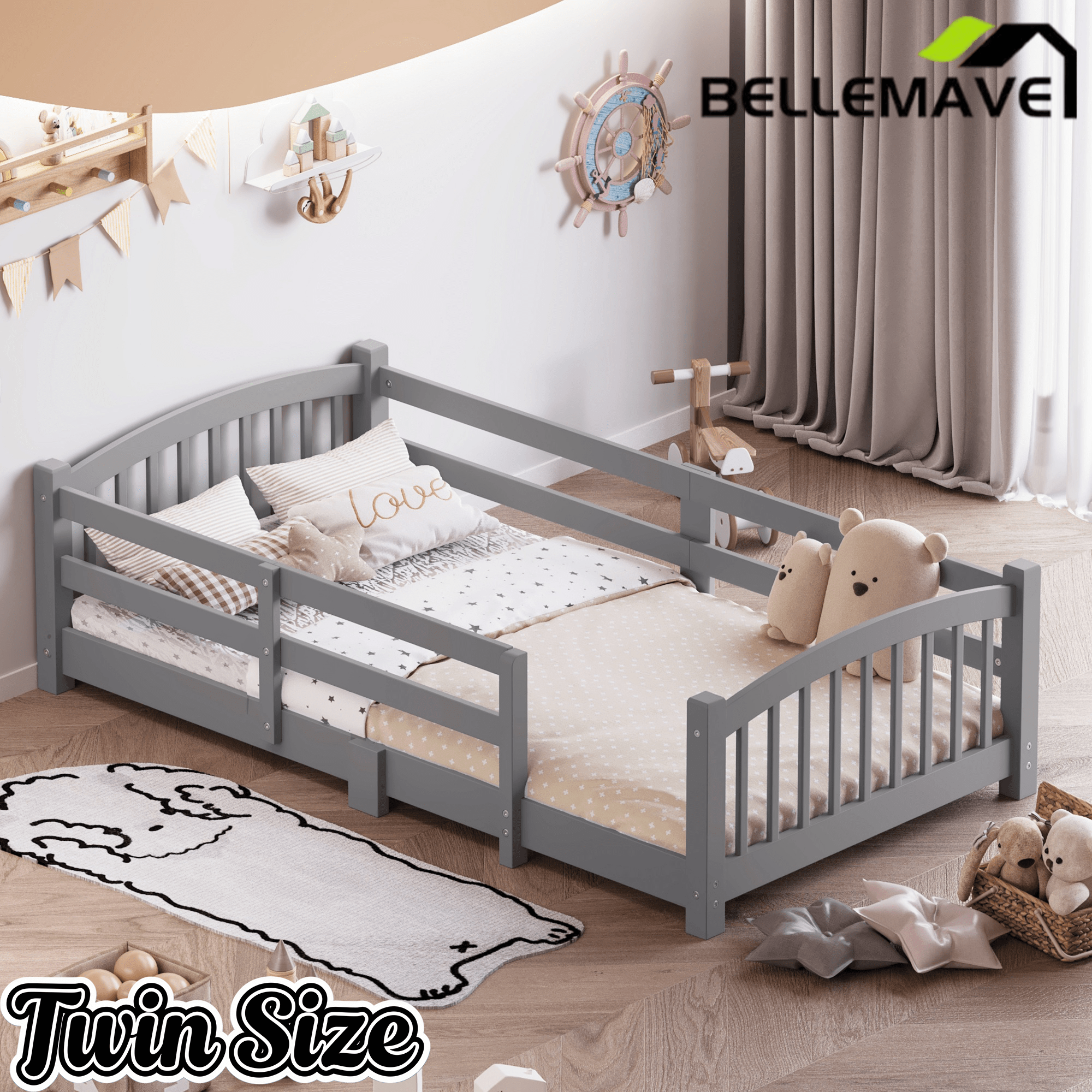 Bellemave® Twin Size Montessori Floor Bed with Slats, Rails,Fence & Headboard, White - Bellemave
