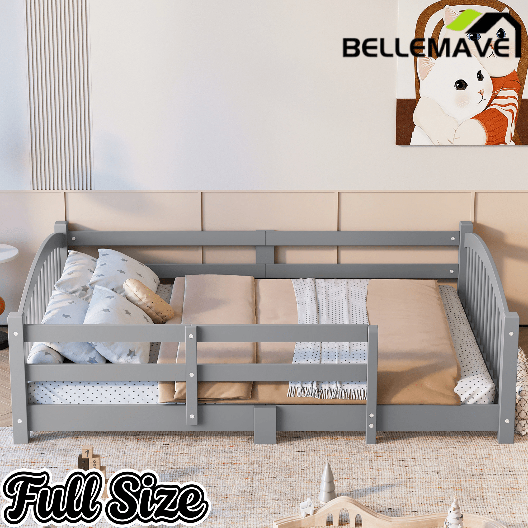 Bellemave® Twin Size Montessori Floor Bed with Slats, Rails,Fence & Headboard, White - Bellemave