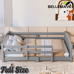 Bellemave® Twin Size Montessori Floor Bed with Slats, Rails,Fence & Headboard, White - Bellemave