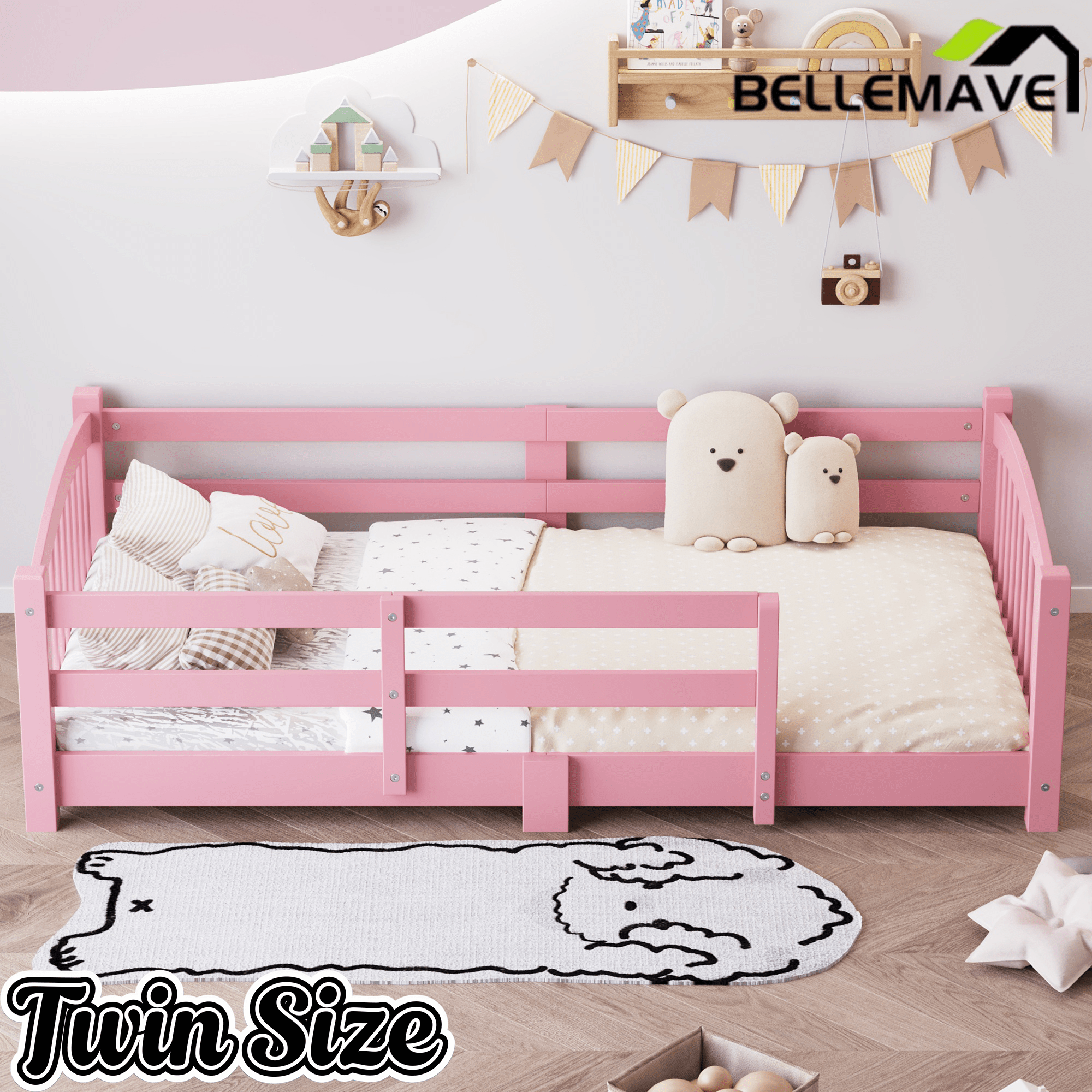 Bellemave® Twin Size Montessori Floor Bed with Slats, Rails,Fence & Headboard, White - Bellemave