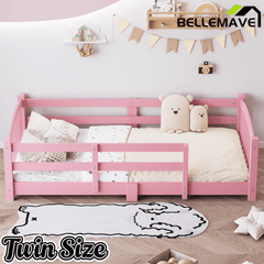 Bellemave® Twin Size Montessori Floor Bed with Slats, Rails,Fence & Headboard, White - Bellemave