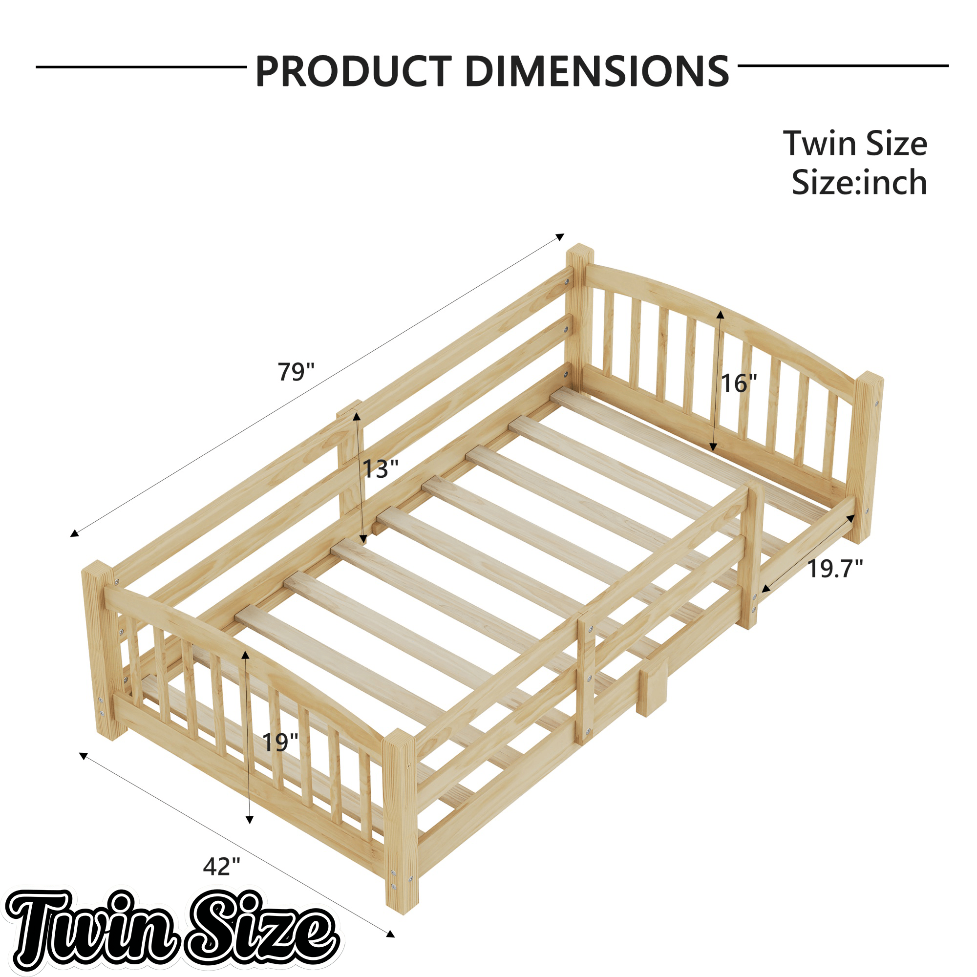 Bellemave® Twin Size Montessori Floor Bed with Slats, Rails,Fence & Headboard, White - Bellemave